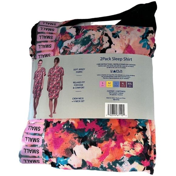 NWT Womens N NATORI 2Pack Sleep Shirts Pink Floral Or Black Size SMALL V Neck - Picture 4 of 5